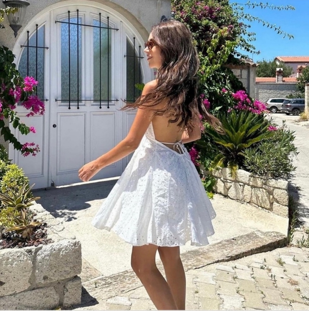 ZARA EMBROIDERED EYELET HALTER DRESS SIZE L XL WHITE - Picture 6 of 12